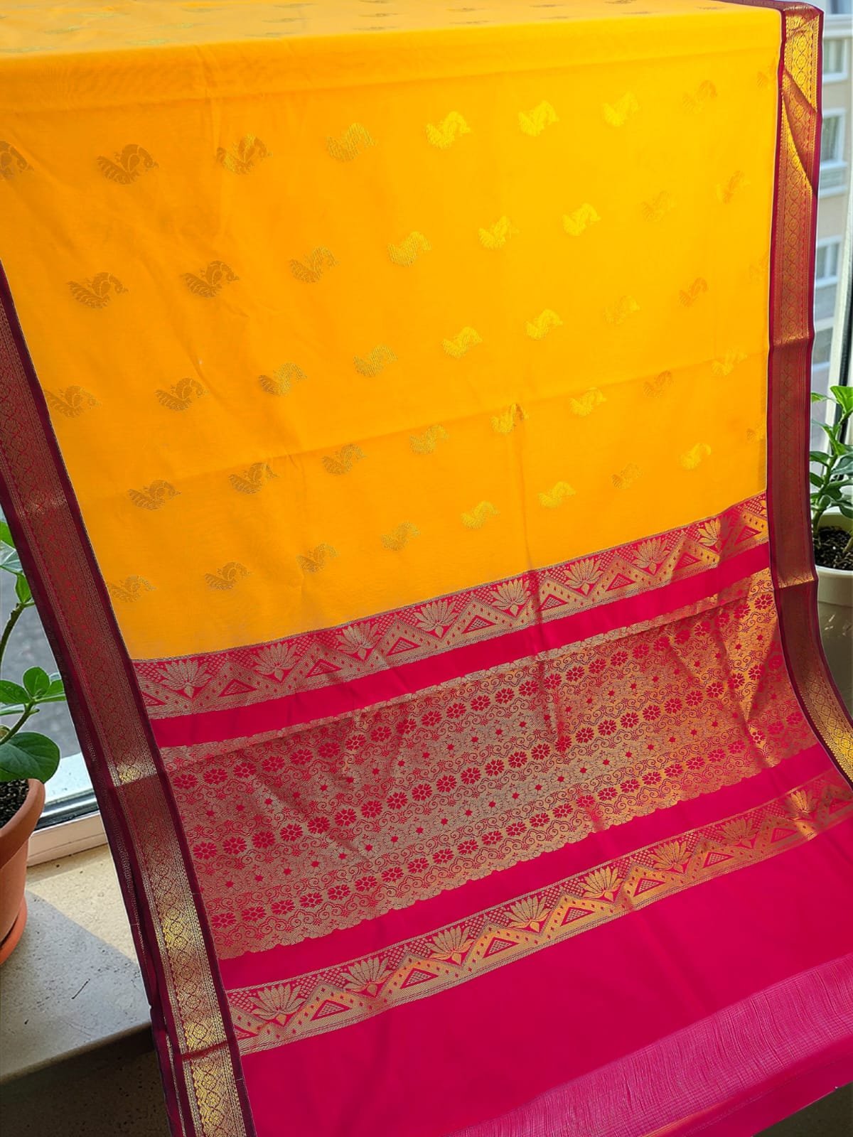 Premium Kanchi Soft Silk Saree Yellow Pink